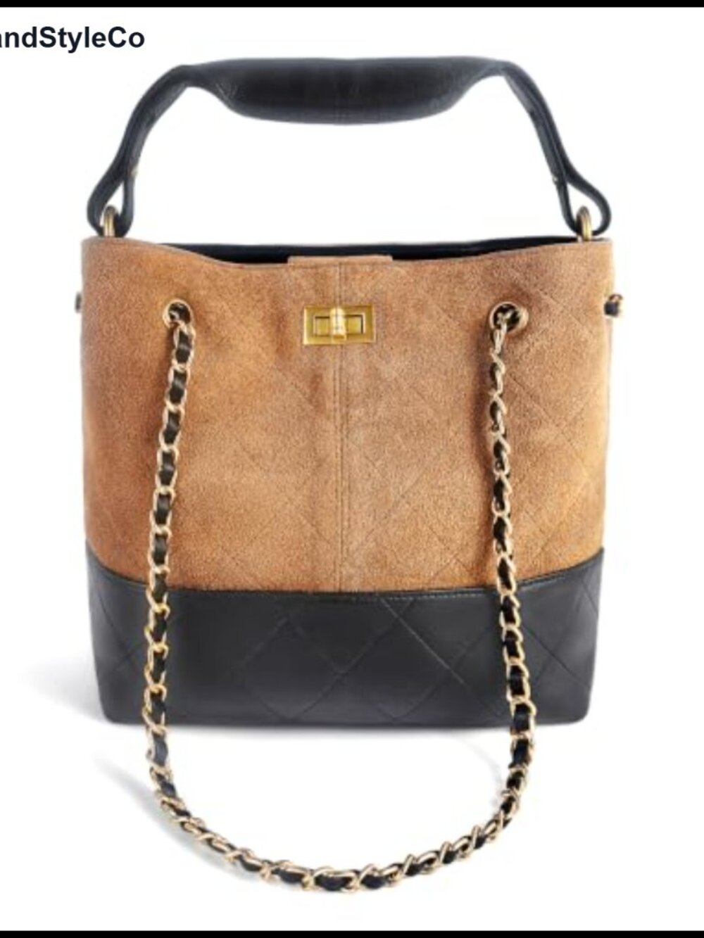 Vintage Suede & Quilted Leather Hobo Bag Sheepskin Bucket Purse Two-Tone Strap